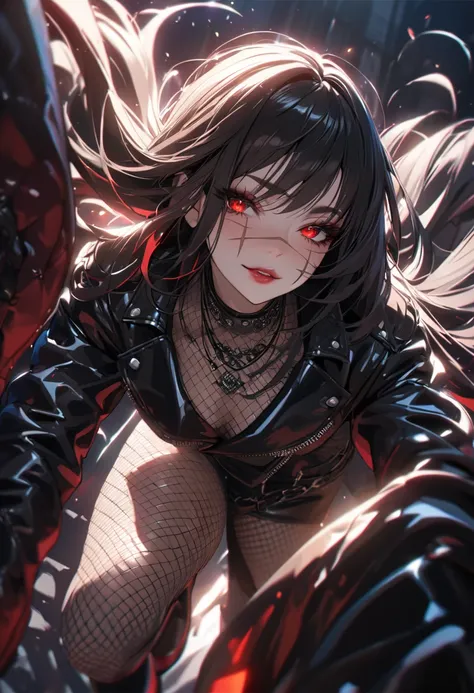 best quality, masterpiece, ultra-detailed, illustration, dynamic pose, 1girl, beautiful detailed eyes, beautiful detailed lips, extremely detailed eyes and face, long eyelashes, face scar, red eyes, black hair, looking at viewer, evil smile, heavy eyeliner...