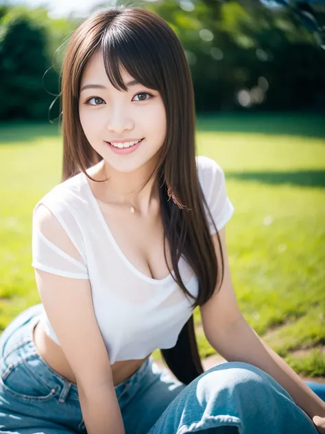 Innocent Japanese girl, trendy loose casual fashion, natural hair styles, impressive big brown eyes, pure smile, refreshing in early summer sunlight, feeling soft breeze in hair, sitting, relaxed pose, professional portrait photography, sunlight, film phot...