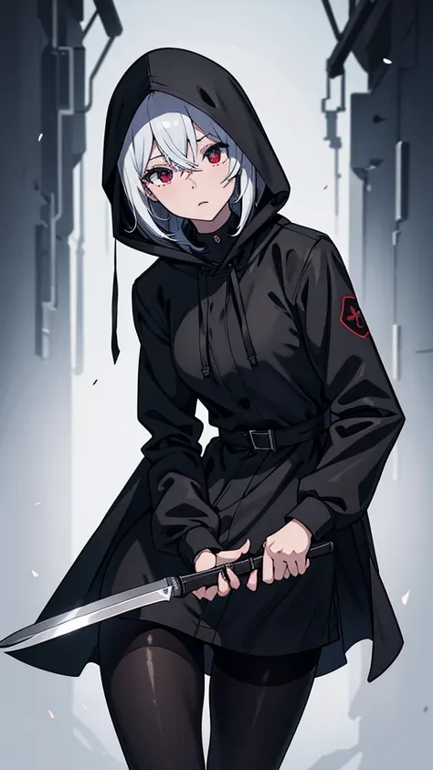 murderer,holding a knife,pantyhose,black raincoat,wearing a hood,ultra hd,masterpiece,super high quality,ultra-high resolution,h...