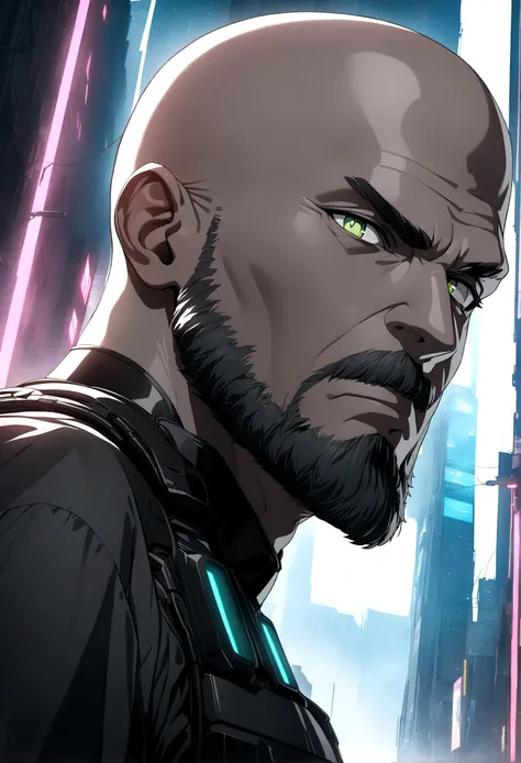 (masterpiece, 32k, 8k, cgi, cyberpunk effect), man, 46 years old, tanned black skin, deep green eyes, serious expression, bald, black SWAT uniform, cyberpunk city setting, black beard