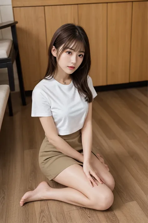 Japanese Beauty、Brown Hair、Barely、Black mini skirt、White T-shirt、indoor、Thighs、White legs、Flooring　Triangle sitting