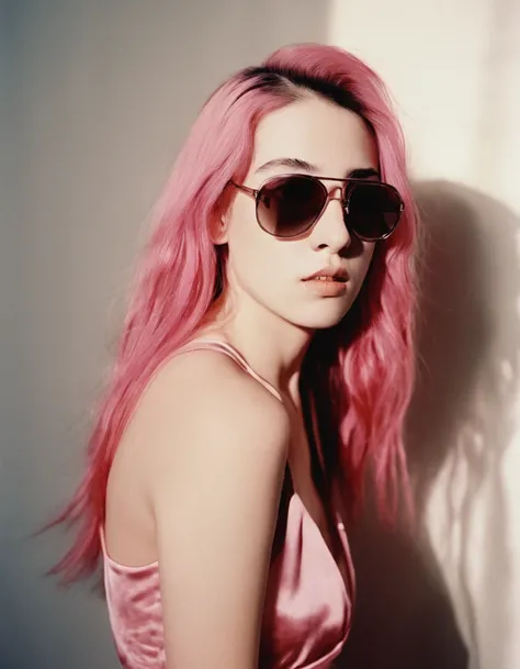 a woman  with long pink hair, standing in front of a wall with a light shining on her face, photography of todd hido, dramatic light 8 0 mm camera, todd hido, shot on large format film camera, medium format. soft light, todd hido photography, studio medium...