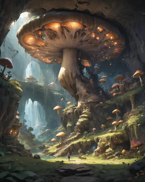 huge underground cavern、giant mushroom、mammoth、on the cliff、