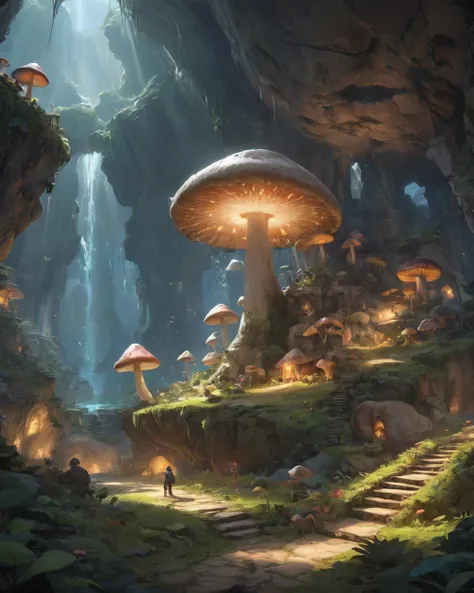 huge underground cavern、giant mushroom、mammoth、on the cliff、