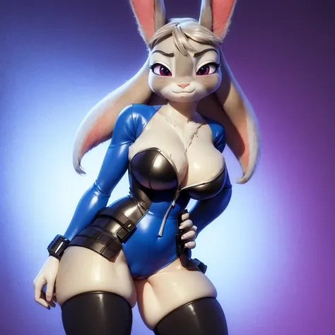 best quality, masterpiece, 3D anime, ((solo)), ((1girl)),  ((Face is JudyHopps)), (long ears like a rabbit:0.8), Body is human lady, miniskirt, two-piece suit, bikini outfit, clothes color is {blue, red, yellow, green, white, black}, ((skin is silver with ...