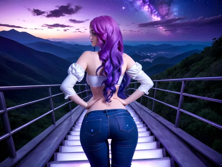 hdr, best image, 8k, image in dark neon blue and violet, a beautiful woman, seen from behind, beautiful latex blouse. jeans, lon...