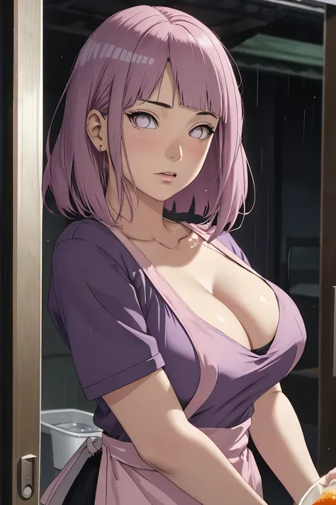 Made, absurderes, Hinata(Boruto), 1girll, Solo,Mature female, view the viewer,Perfectcomposition, Detailed lips, big breast, Beautiful face, body propotion, Blush, (Pink lips), Long hair, Purple eyes, Soft Gaze, Sticky Liquid In the mouth, Sticky Liquid in...