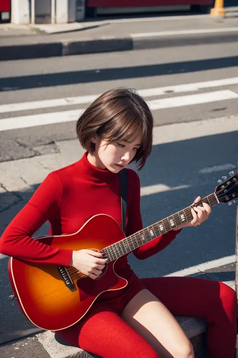 Sitting on the street playing guitar,sit,Woman 1,Short Hair,Red clothes,Red turtleneck,Lonely face,Looking down,Background: Shopping arcade,Guitar Case,Street musician,