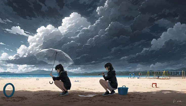 The sky was dark and cloudy, full of dark clouds. A girl is crouching on the playground, holding an umbrella in one hand and writing i love you in the sand with her other hand.