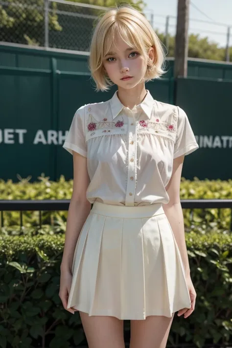 Boy with delicate blouse, short embroidered skirt underneath, tennis, BLONDE BLONDE HAIR 