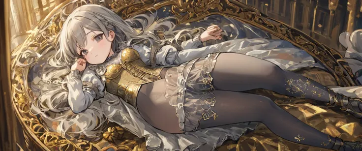 8 year old medieval girl, １people、In underwear、Gold and silver thread embroidery、Translucent underwear drawers that reach below the knee（bloomers）Wearing、Wearing a semi-transparent corset、Translucent slip, Grey translucent tights、sleep