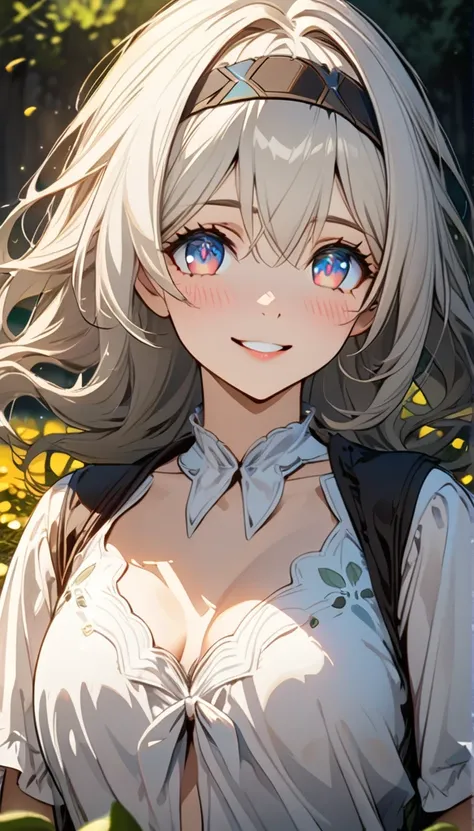 beautiful girl, long grey hair, beautiful face,smiling,close up to hips, beautiful breast, in the middle of flowers field, (open mouth:0.4),illustration,detailed textures(realists),ultra-detailed,portrait style,vivid colors,soft lighting, blushing, mature,...