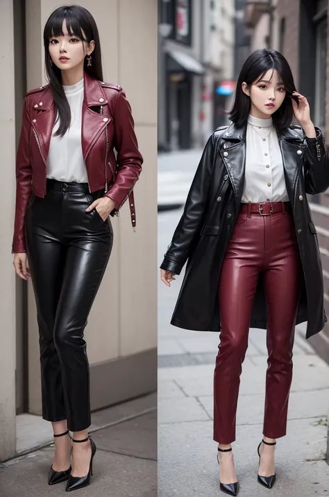 Create an outfit with pants and a leather jacket styled in the 70s and 90s with a white blouse and black heels and that is a very pretty and beautiful Korean woman wearing it and with black hair with a fringe and that the color of the jacket is the pants a...