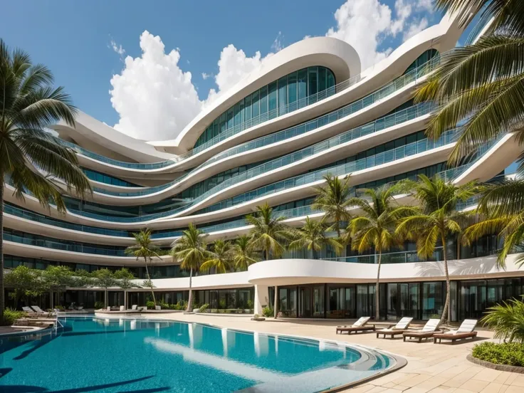 High-rise hotel, Zaha Hadid, Norman Foster, fluid design, organic forms, innovative, sustainable, glass, steel, concrete, curved lines, dynamic façade, geometric precision, tropical landscape, palm trees, vibrant plants, water feature, luxurious, inviting