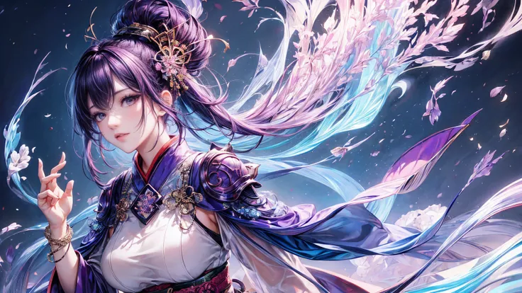 (Highest quality, 8K, CG, Beautiful and exquisite upper body, Midnight purple hair color,Long Ponytail,Swordsman,Long Straight,beautiful girl,Oiran,skirt,Japanese style, Gradient Hair, Purple eyes, Long, narrow eyes, Exquisite eye makeup, 長さ eyelashes flut...