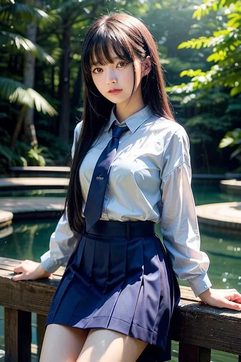 masterpiece、high resolution、high definition、esbian all over、summer clothes、blue tie、blue skirt、beautiful girl, high school girl、...