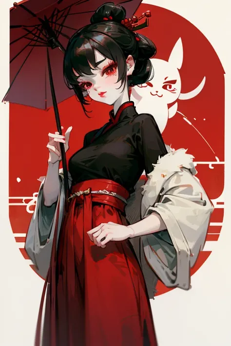 A cute fox demon with a perky breasts, a slim waist, red eyes, cherry lips, seductive expression, dress in chinese flowy hanfu, black hair, snow-white skin.