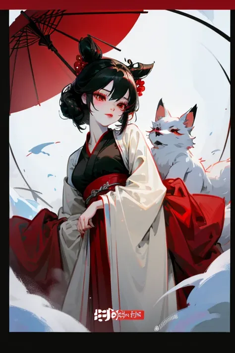 A cute fox demon with a perky breasts, a slim waist, red eyes, cherry lips, seductive expression, dress in chinese flowy hanfu, black hair, snow-white skin.