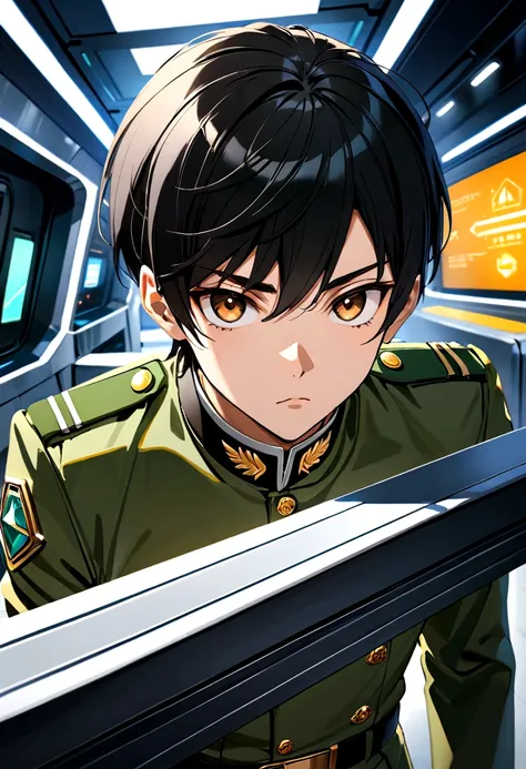 One cool guy、Black Hair、Brown eyes、Green military uniform、Gaze Here