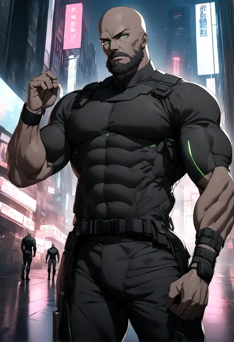 (masterpiece, 32k, 8k, cgi, cyberpunk effect), man, 46 years old, tanned black skin, deep green eyes, serious expression, bald, black Swat uniform, cyberpunk city setting, full black beard, face with very masculine features, tall and muscular man