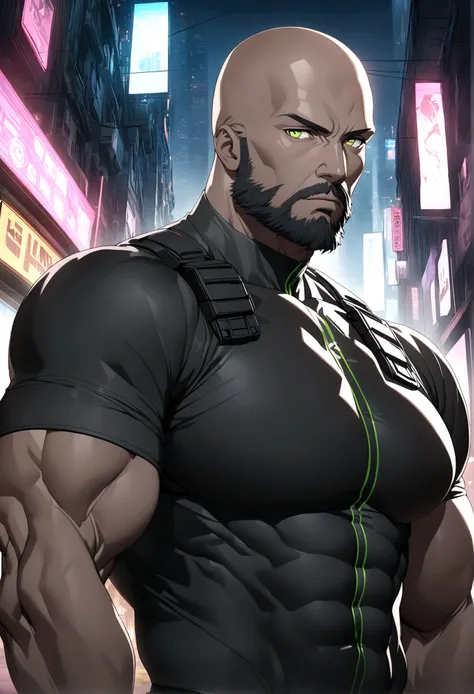 (masterpiece, 32k, 8k, cgi, cyberpunk effect), man, 46 years old, tanned black skin, deep green eyes, serious expression, bald, black Swat uniform, cyberpunk city setting, full black beard, face with very masculine features, tall and muscular man