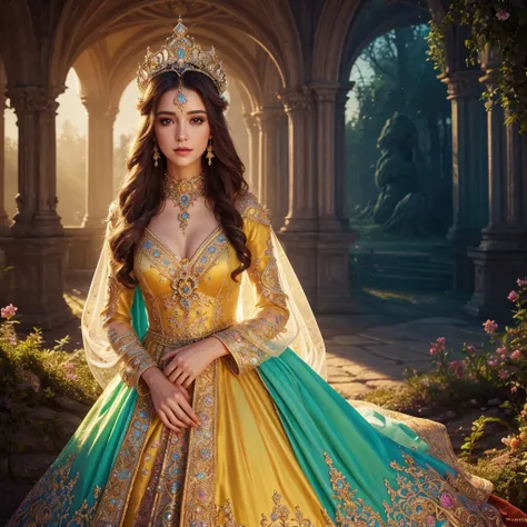 a beautiful girl, wearing a bright and colorful gown, elegant and regal pose, detailed facial features, piercing eyes, lush hair, intricate crown, ornate jewelry, ethereal lighting, fantasy landscape background, cinematic composition, highly detailed, phot...