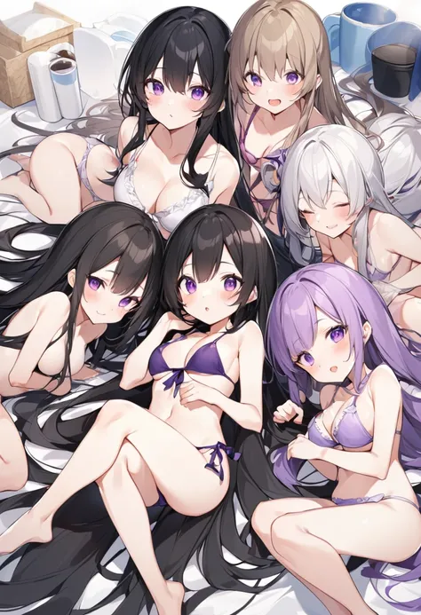 Wearing a purple bikini、barefoot。hair is black、Purple eyes。Breasts are K cup。The skin is white and、Long hair。Has one brother and one sister。My sister has an E cup。All of them have black hair。6 siblings。It&#39;s like diving into the ocean and looking at the...