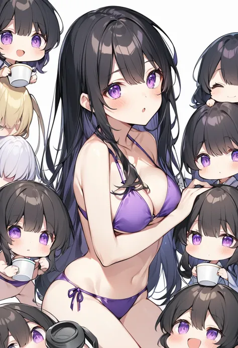 Wearing a purple bikini、barefoot。hair is black、Purple eyes。Breasts are K cup。The skin is white and、Long hair。Has one brother and one sister。My sister has an E cup。All of them have black hair。6 siblings。It&#39;s like diving into the ocean and looking at the...