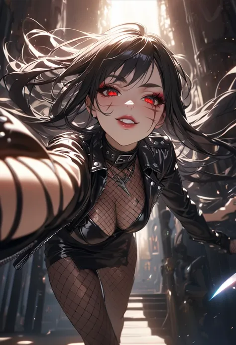 best quality, masterpiece, ultra-detailed, illustration, dynamic pose, 1girl, beautiful detailed eyes, beautiful detailed lips, extremely detailed eyes and face, long eyelashes, face scar, red eyes, black hair, looking at viewer, evil smile, heavy eyeliner...