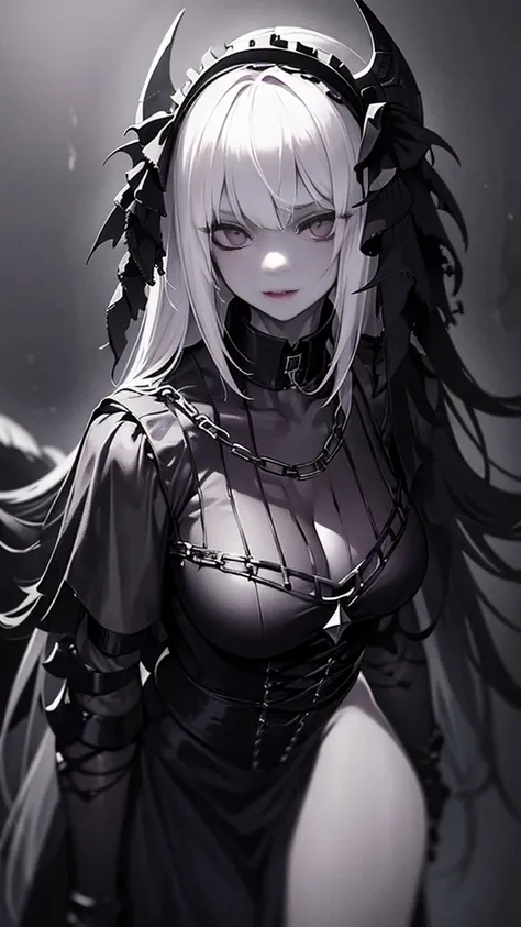 a girl monster, slave, chained, beautifu, Full-length, lots of details, delicate facial features, piercing eyes, sharp fangs, pale skin, thick chains, dark background, cinematic lighting, dramatic shadows, gothic style, moody atmosphere, dark fantasy, high...