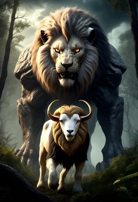 A fictional monster with a lions face and a goats body. In the forest, with glowing eyes. Features: Realistic illustration, aggressive, dark, wilderness, cloudy sky, powerful, accurate, photo-like, overall image