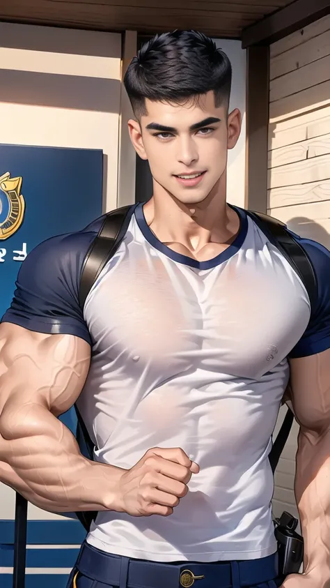 (handsome Man),(crew cut short hair:1.8),black eye,(Wear a fitted round neck t-shirt in navy with a police badge.:1.5),(fit neck),Navy blue jeans,(black_gloves:1.2), Korean guy,chest muscles,large arm muscles,blood vessel,Big muscles,Broad shoulders, (open...