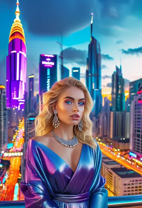 a stunning spanish woman with golden hair and piercing blue eyes, wearing fashionable clothing and jewelry, standing in front of a luxurious cityscape with skyscrapers and neon billboards, (best quality,4k,8k,highres,masterpiece:1.2),ultra-detailed,(realis...