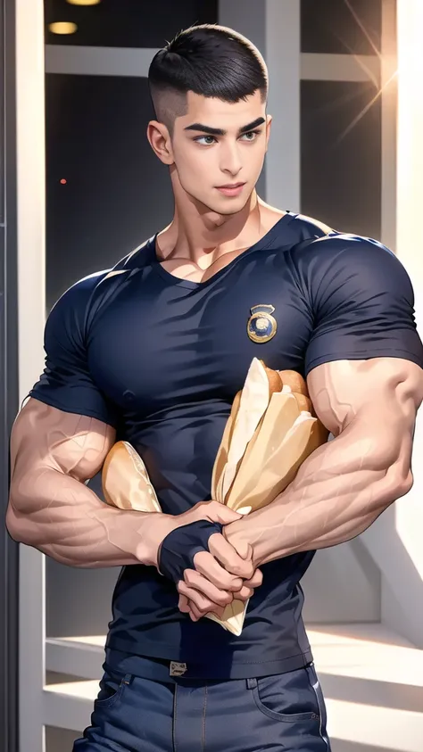 (handsome Man),(crew cut short hair:1.8),black eye,(Wear a fitted round neck t-shirt in navy with a police badge.:1.5),(fit neck),Navy blue jeans,(black_gloves:1.2), Korean guy,chest muscles,large arm muscles,blood vessel,Big muscles,Broad shoulders, (open...