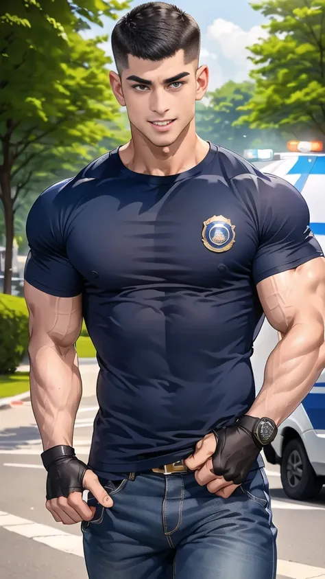 (handsome Man),(crew cut short hair:1.8),black eye,(Wear a fitted round neck t-shirt in navy with a police badge.:1.5),(fit neck),Navy blue jeans,(black_gloves:1.2), Korean guy,chest muscles,large arm muscles,blood vessel,Big muscles,Broad shoulders, (open...