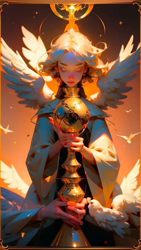 Anime style tarot card, 1 of Cups, young woman, beautiful face, holding the golden holy grail, white dove.