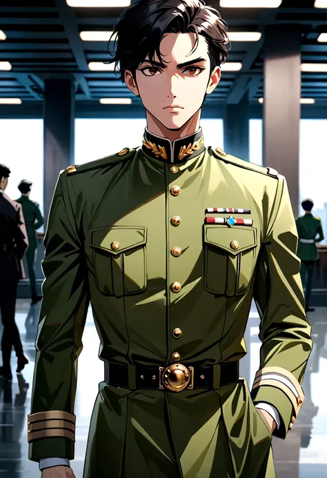 One cool guy、Black Hair、Brown eyes、Green military uniform、Gaze Here