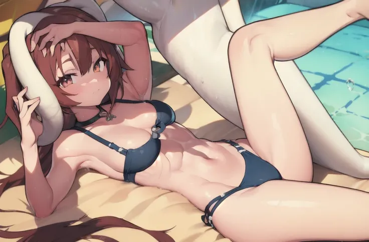 1.5),(girl),(Dynamic pose),Brown Hair,(Vermilion eyes),(first round),Big Breasts,Swimwear