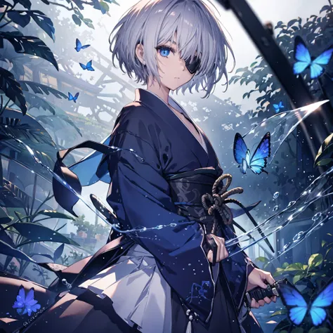 (((1 person　Put on an eye patch　Gray Hair)))　((High resolution　short hair　Black kimono　Shoulder　Rin々Funny face　knifeを構える))　((Black Band　samurai　Lonely　despair　blue eyes　Close-up))　((Blue Butterfly　night　Japanese style　old　Shining Aura　garden　water surface　...