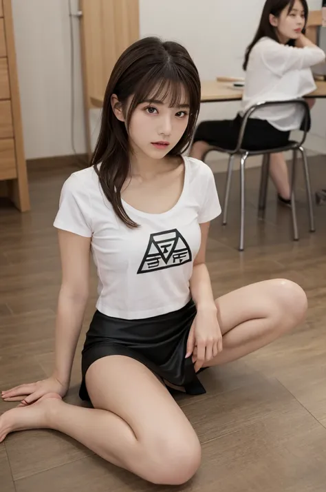 Japanese Beauty、Brown Hair、Barely、Black mini skirt、White T-shirt、indoor、Thighs、White legs、Flooring　Triangle sitting