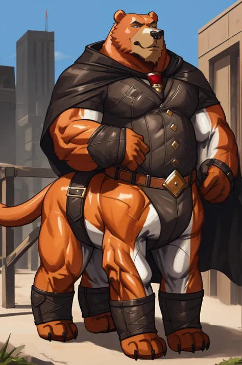 solo, 1boy, fur, fur taur Huge Muscular Old Grizzly Beartaur, chubby, thin belt, belly(white), brown fur, detailed face, detailed taur body, detailed bear paws, detailed bear tail, black cloak, standing, Gotham background, masterpiece, high detailed, 8k, h...