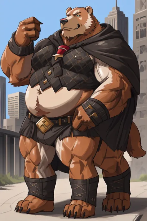 solo, 1boy, fur, fur taur Huge Muscular Old Grizzly Beartaur, chubby, thin belt, belly(white), brown fur, detailed face, detailed taur body, detailed bear paws, detailed bear tail, black cloak, standing, Gotham background, masterpiece, high detailed, 8k, h...