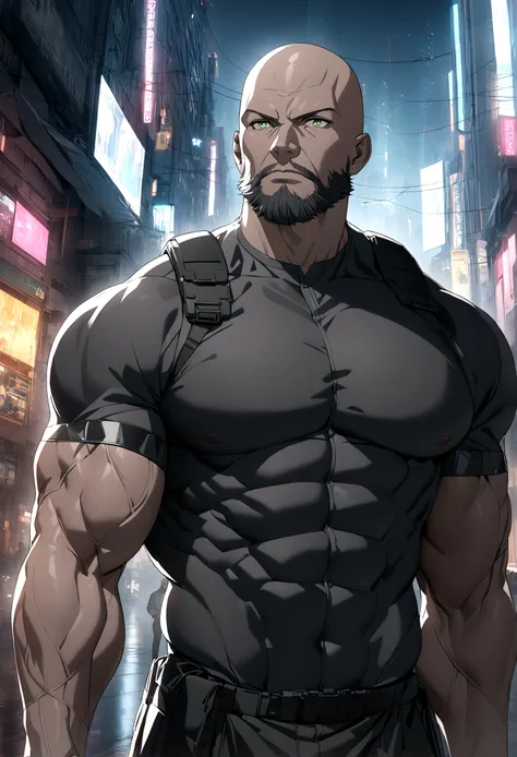 (masterpiece, 32k, 8k, cgi, cyberpunk effect), man, 46 years old, tanned black skin, deep green eyes, serious expression, bald, black Swat uniform, cyberpunk city setting, full black beard, face with very masculine features, tall and muscular man