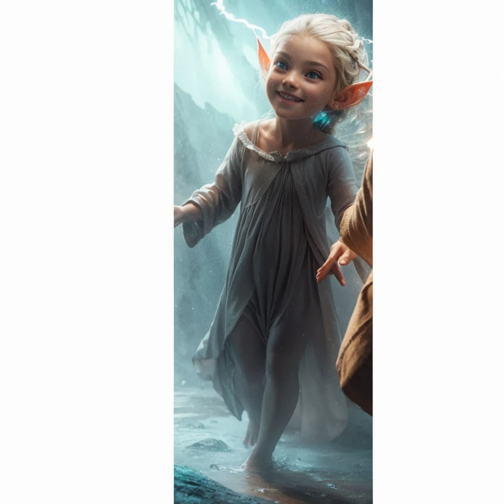 Complete and real image. Beautiful face of an elf, smiles with mischief and curiosity. Photorealism, full view, highly detailed image, very realistic, hyperrealism, Ultra HD, 8k, 5, sharp focus, intricate and mysterious masterpiece. (Long exposure photogra...