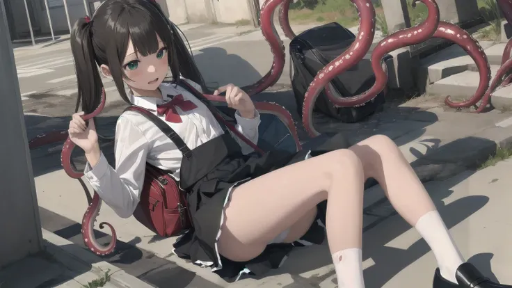 One girl,Highest quality,Super detailed,High resolution,(photoRealistic, Realistic, photo-Realistic:1.2),(9,Flat Chest),bangs,(smile:0.3),,shigure ui (virtual),Dilapidated,,Backpack,bag,bangs,Black Dress,Black footwear,blush,Pompom hair ornament,Collared s...