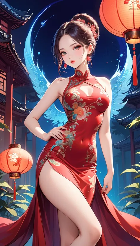 Chinese cheongsam sexy,illustration,High-end fashion,Beautiful and delicate eyes,Beautiful and delicate lips,Long eyelashes,Exquisite makeup,Vibrant colors,posture,Attractive background,Stylized Lighting,editing style,Chinese cultural elements,Exquisite em...