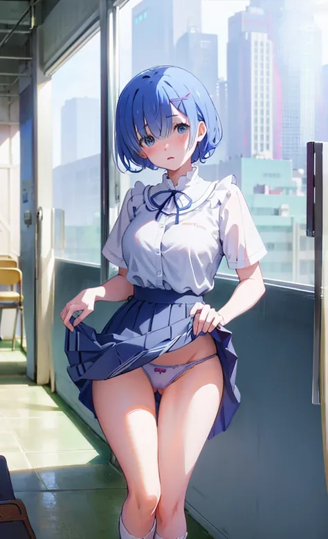 、Backwards、Lift up your skirt、School classroom、Get on all fours on the desk、、Showing panties、Blushing、I can see her panties、Pull up your skirt、Blushing、Blue Hair