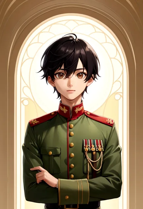 1 young man、Black Hair、Brown eyes、Green military uniform、Gaze Here