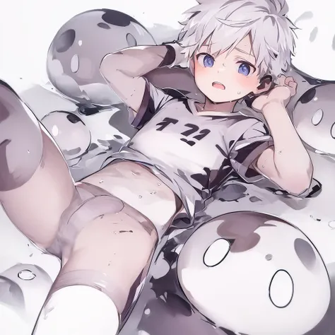 1boy, shota, white hair, blue eyes, short hair, tentacle, bulge, short pants, white pants, pants, wet clothes,football clothes, beach, blush, open mouth, spread legs, nipples