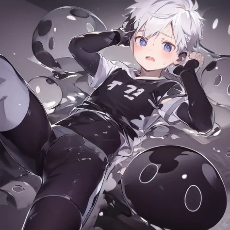 1boy, shota, white hair, blue eyes, short hair, tentacle, bulge, short pants, white pants, pants, wet clothes,football clothes, beach, blush, open mouth, spread legs, nipples